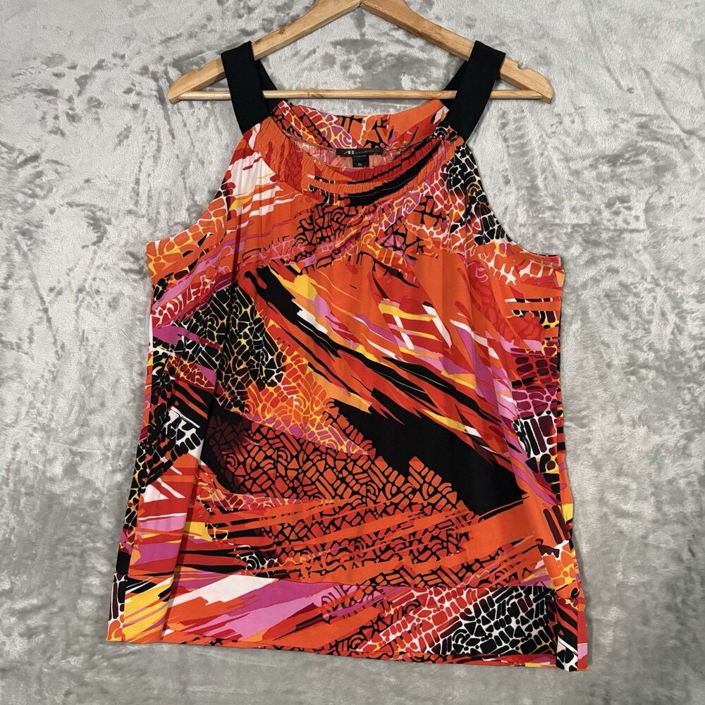 AB Studio Blouse XL Orange Pink Multi Abstract Geometric Ruched Tank Top Preppy